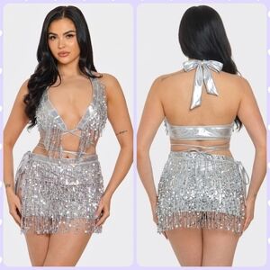 NEW NWT SILVER COACHELLA Sequin Bikini Top And Fringe Bottom Festival Set large